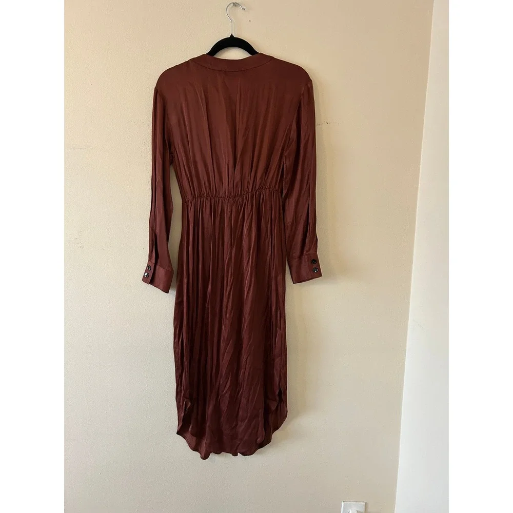 MNG Brown Satin Long Sleeve Button Front Midi Shirt Dress Size S - Picture 9 of 11